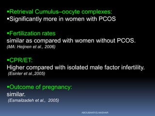 Retrieval Cumulus–oocyte complexes:
Significantly more in women with PCOS
Fertilization rates
similar as compared with ...
