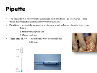Pipette
• The capacity of a micropipette can range from less than 1 µl to 1000 µl (1 ml),
while macropipettes can measure volumes greater.
• Function: 1. accurately measure and dispense small volumes of media to prepare
dishes.
2. Embryo manipulation.
3. Ovum pack up.
• Types used in IVF: 1. Volumetric with disposable tips.
2-Pasteur
 