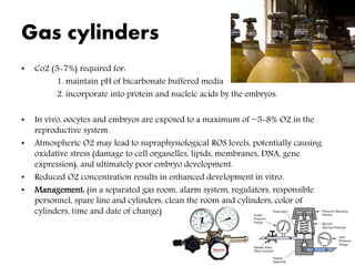 Gas cylinders
• Co2 (5-7%) required for:
1. maintain pH of bicarbonate buffered media
2. incorporate into protein and nucleic acids by the embryos.
• In vivo, oocytes and embryos are exposed to a maximum of ~5-8% O2 in the
reproductive system.
• Atmospheric O2 may lead to supraphysiological ROS levels, potentially causing
oxidative stress (damage to cell organelles, lipids, membranes, DNA, gene
expression), and ultimately poor embryo development.
• Reduced O2 concentration results in enhanced development in vitro.
• Management: (in a separated gas room, alarm system, regulators, responsible
personnel, spare line and cylinders, clean the room and cylinders, color of
cylinders, time and date of change)
 