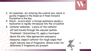 3. Air embolism -Air entering the central vein, which is
quickly trapped in the blood as it flows forward.
Prevention is the key.
4. Shock - occurs when a foreign substance usually a
medication is rapidly introduced into the circulation
5. Catheter embolism - a piece of the catheter
off and travels through the vascular system.
Treatment : Discontinue IV, apply a tourniquet
above the site, take appropriate emergency
measures, inspect catheter for rough edges that
might indicate loss of fragments. Obtain order for x-ray to
determine if fragments are present.
 