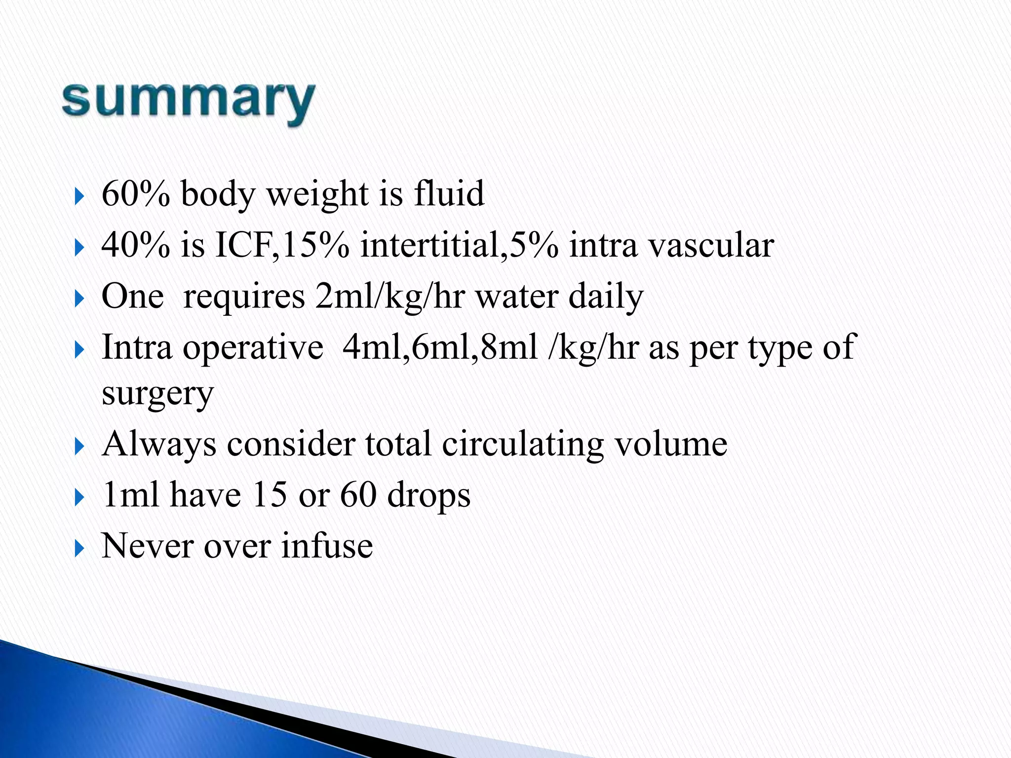  60% body weight is fluid
 40% is ICF,15% intertitial,5% intra vascular
 One requires 2ml/kg/hr water daily
 Intra operative 4ml,6ml,8ml /kg/hr as per type of
surgery
 Always consider total circulating volume
 1ml have 15 or 60 drops
 Never over infuse
 