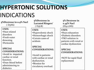 HYPERTONIC SOLUTIONS
INDICATIONS
USES:
•Heat related
disorders
•Fresh water
drowning
•Peritonitis
SPECIAL
CONSIDERATIONS:
•Avoid in impaired
cardiac or renal
function.
•Draw blood before
administering to
diabetics
USES:
•Hypovolemic shock
•Hemorrhagic shock
•Certain cases of
acidosis
SPECIAL
CONSIDERATIONS:
•Avoid in patients
with cardiac or renal
dysfunction.
•Monitor for
circulatory overload.
USES:
•Heat exhaustion
•Diabetic disorders
•TKO solution in
patients with renal or
cardiac dysfunction
SPECIAL
CONSIDERATIONS:
•NOT for rapid fluid
replacement
5%Dextrose in 0.9% Nacl
( D5NS)
5%Dextrose in
Lactated Ringers’
( D5LR)
5% Dextrose in
0.45% Nacl
(D51/2NS)
 