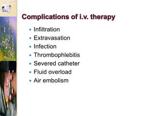 Infiltration
 Extravasation
 Infection
 Thrombophlebitis
 Severed catheter
 Fluid overload
 Air embolism
 