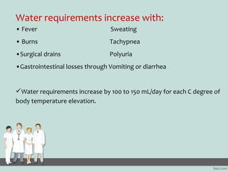 Water requirements increase with:
• Fever                          Sweating
• Burns                          Tachypnea
•Su...