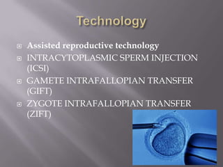  Assisted reproductive technology
 INTRACYTOPLASMIC SPERM INJECTION
(ICSI)
 GAMETE INTRAFALLOPIAN TRANSFER
(GIFT)
 ZYGOTE INTRAFALLOPIAN TRANSFER
(ZIFT)
 