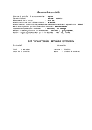 4.Contectores de argumentación

Informar de un hecho y de sus consecuencias - por eso
Sacar conclusiones                              - así que, entonces
Resumir y sacar conclusiones                    - total, que
Añadir más informaciones o más argumentos - (y) además
Añadir una nueva información,que puede parecer inesperada, que refuerza argumentación - incluso
Resaltar un argumento, quitando valor a otros anteriores - en cualquier caso
Contraponer informaciones u opiniones.         - ahora bien, sin embargo
Referirse a un tema ya conocido por el interlocutor - en cuanto a, (con)respecto a
Referirse a algo que ya se ha dicho o que se está diciendo - esto, eso, aquello



                     5.LAS PERÍFRASIS VERBALES - CONTINUIDAD E INTERRUPCIÓN

Continuidad                                                Interrupción

Seguir     + gerundio                                  Dejar de + infinitivo
Seguir sin + infinitivo                                Ya no    + presente de indicativo
 