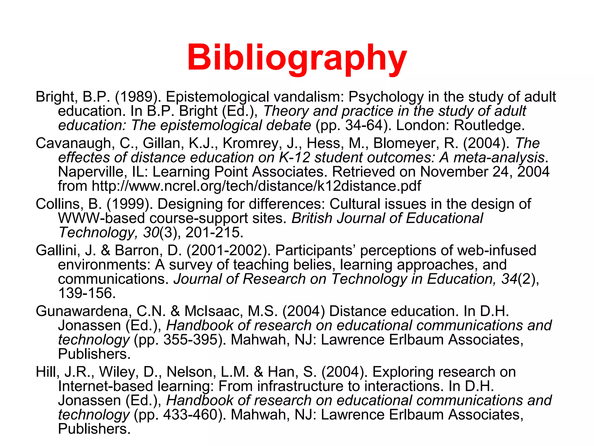 Bibliography
Bright, B.P. (1989). Epistemological vandalism: Psychology in the study of adult
    education. In B.P. Bright (Ed.), Theory and practice in the study of adult
    education: The epistemological debate (pp. 34-64). London: Routledge.
Cavanaugh, C., Gillan, K.J., Kromrey, J., Hess, M., Blomeyer, R. (2004). The
    effectes of distance education on K-12 student outcomes: A meta-analysis.
    Naperville, IL: Learning Point Associates. Retrieved on November 24, 2004
    from http://www.ncrel.org/tech/distance/k12distance.pdf
Collins, B. (1999). Designing for differences: Cultural issues in the design of
    WWW-based course-support sites. British Journal of Educational
    Technology, 30(3), 201-215.
Gallini, J. & Barron, D. (2001-2002). Participants’ perceptions of web-infused
    environments: A survey of teaching belies, learning approaches, and
    communications. Journal of Research on Technology in Education, 34(2),
    139-156.
Gunawardena, C.N. & McIsaac, M.S. (2004) Distance education. In D.H.
    Jonassen (Ed.), Handbook of research on educational communications and
    technology (pp. 355-395). Mahwah, NJ: Lawrence Erlbaum Associates,
    Publishers.
Hill, J.R., Wiley, D., Nelson, L.M. & Han, S. (2004). Exploring research on
    Internet-based learning: From infrastructure to interactions. In D.H.
    Jonassen (Ed.), Handbook of research on educational communications and
    technology (pp. 433-460). Mahwah, NJ: Lawrence Erlbaum Associates,
    Publishers.
 