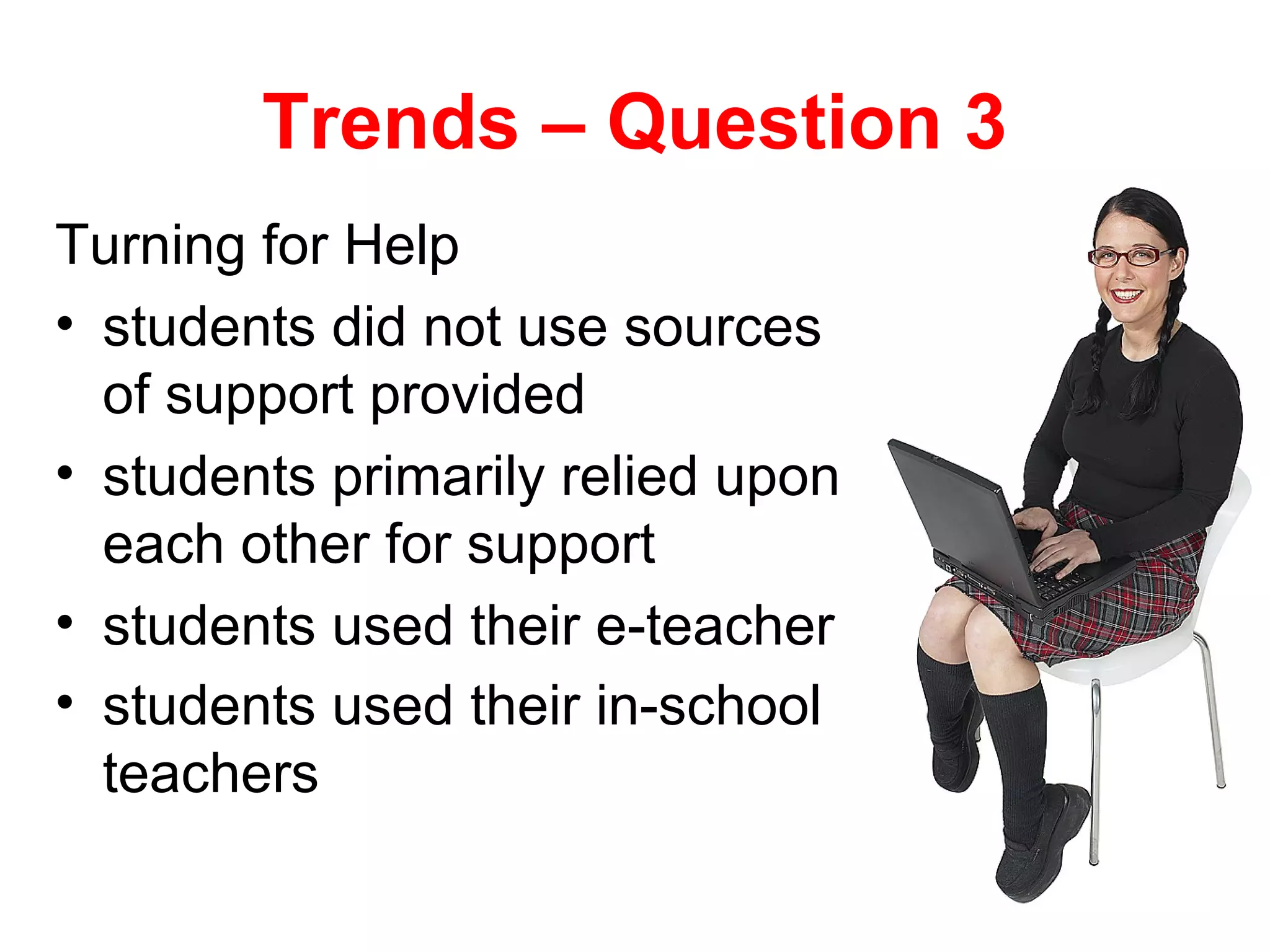 Trends – Question 3
Turning for Help
• students did not use sources
  of support provided
• students primarily relied upon
  each other for support
• students used their e-teacher
• students used their in-school
  teachers
 