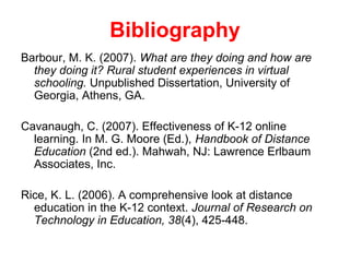 Bibliography
Barbour, M. K. (2007). What are they doing and how are
  they doing it? Rural student experiences in virtual
  schooling. Unpublished Dissertation, University of
  Georgia, Athens, GA.

Cavanaugh, C. (2007). Effectiveness of K-12 online
  learning. In M. G. Moore (Ed.), Handbook of Distance
  Education (2nd ed.). Mahwah, NJ: Lawrence Erlbaum
  Associates, Inc.

Rice, K. L. (2006). A comprehensive look at distance
  education in the K-12 context. Journal of Research on
  Technology in Education, 38(4), 425-448.
 