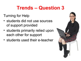Trends – Question 3
Turning for Help
• students did not use sources
  of support provided
• students primarily relied upon
  each other for support
• students used their e-teacher
 