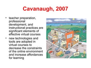 Cavanaugh, 2007
• teacher preparation,
  professional
  development, and
  instructional practices are
  significant elements of
  effective virtual courses
• new technologies and
  tools are adopted in
  virtual courses to
  decrease the constraints
  of the online environment
  and increase affordances
  for learning
 