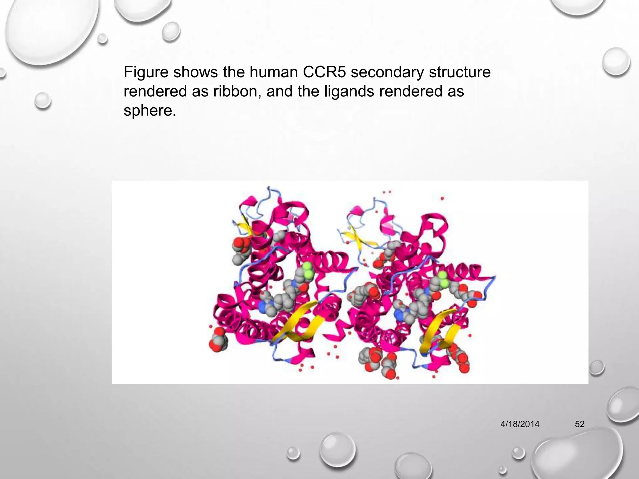 4/18/2014 52
Figure shows the human CCR5 secondary structure
rendered as ribbon, and the ligands rendered as
sphere.
 