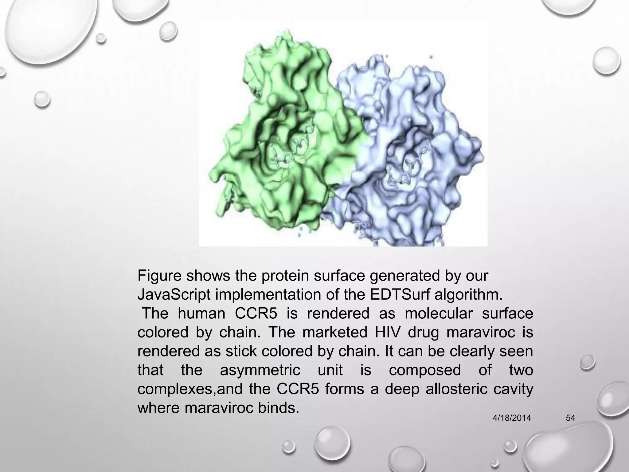 4/18/2014 54
Figure shows the protein surface generated by our
JavaScript implementation of the EDTSurf algorithm.
The human CCR5 is rendered as molecular surface
colored by chain. The marketed HIV drug maraviroc is
rendered as stick colored by chain. It can be clearly seen
that the asymmetric unit is composed of two
complexes,and the CCR5 forms a deep allosteric cavity
where maraviroc binds.
 