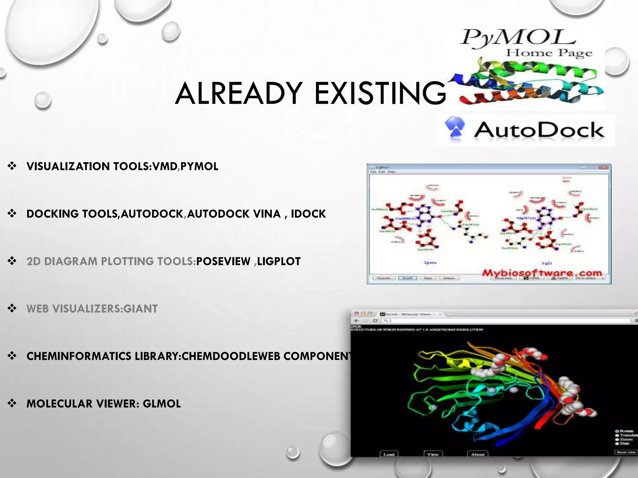 ALREADY EXISTING TOOLS
 VISUALIZATION TOOLS:VMD,PYMOL
 DOCKING TOOLS,AUTODOCK,AUTODOCK VINA , IDOCK
 2D DIAGRAM PLOTTING TOOLS:POSEVIEW ,LIGPLOT
 WEB VISUALIZERS:GIANT
 CHEMINFORMATICS LIBRARY:CHEMDOODLEWEB COMPONENTS
 MOLECULAR VIEWER: GLMOL
4/18/2014 8
 