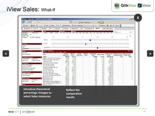 iView Sales: What-If
                                            X




<                                                    >




      Introduce theoretical   Reflect the
      percentage changes to   comparative
      select Sales measures   results



                                                16
 