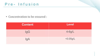 P r e - I n f u s i o n
• Concentration to be ensured :
Content Level
IgG 4-6g/L
IgA <0.05g/L
 