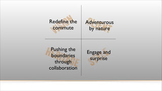 N
IO

Redefine the
commute

IS
V

Pushing the
boundaries
through
collaboration

HERI

TAGE

Clie

Adventurous
by nature

nt

E
L
Y

Engage and
surprise

T
S

 