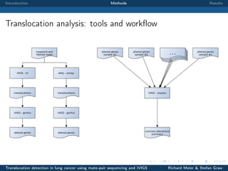 Introduction

Methods

Results

Translocation analysis: tools and workﬂow

Translocation detection in lung cancer using mate-pair sequencing and iVIGS

Richard Meier & Stefan Graw

 