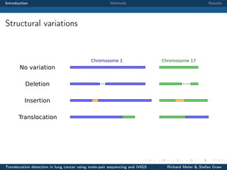 Introduction

Methods

Results

Structural variations

Chromosome 1

Chromosome 17

No variation
Deletion
Insertion
Translocation

Translocation detection in lung cancer using mate-pair sequencing and iVIGS

Richard Meier & Stefan Graw

 