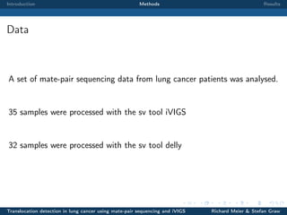 Introduction

Methods

Results

Data

A set of mate-pair sequencing data from lung cancer patients was analysed.

35 samples were processed with the sv tool iVIGS

32 samples were processed with the sv tool delly

Translocation detection in lung cancer using mate-pair sequencing and iVIGS

Richard Meier & Stefan Graw

 