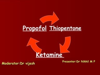 Moderator:Dr vijesh Presenter:Dr Nikhil M P Thiopentone Ketamine   Propofol 