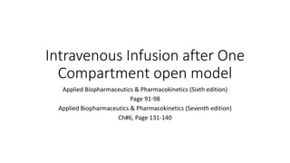 Intravenous Infusion after One
Compartment open model
Applied Biopharmaceutics & Pharmacokinetics (Sixth edition)
Page 91-98
Applied Biopharmaceutics & Pharmacokinetics (Seventh edition)
Ch#6, Page 131-140
 