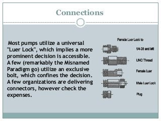Connections
Most pumps utilize a universal
"Luer Lock", which implies a more
prominent decision is accessible.
A few (remarkably the Misnamed
Paradigm go) utilize an exclusive
bolt, which confines the decision.
A few organizations are delivering
connectors, however check the
expenses.
 