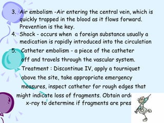 3.  Air embolism -Air entering the central vein, which is  quickly trapped in the blood as it flows forward.  Prevention is the key. 4.  Shock - occurs when  a foreign substance usually a  medication is rapidly introduced into the circulation 5.  Catheter embolism - a piece of the catheter  off and travels through the vascular system. Treatment : Discontinue IV, apply a tourniquet  above the site, take appropriate emergency  measures, inspect catheter for rough edges that  might indicate loss of fragments. Obtain order for  x-ray to determine if fragments are present. 