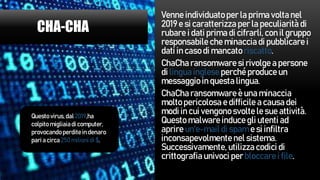 CHA-CHA
Venne individuato per la prima volta nel
2019 e si caratterizza per la peculiarità di
rubare i dati prima di cifrarli, con il gruppo
responsabile che minaccia di pubblicare i
dati in caso di mancatoriscatto.
ChaCha ransomware si rivolge a persone
di lingua inglese perché produce un
messaggio in questa lingua.
ChaCha ransomware è una minaccia
molto pericolosa e difficile a causa dei
modi in cui vengono svolte le sue attività.
Questo malware induce gli utenti ad
aprire un'e-mail di spam e si infiltra
inconsapevolmente nel sistema.
Successivamente, utilizza codici di
crittografia univoci per bloccare i file.
Questo virus,dal2019,ha
colpito migliaiadi computer,
provocandoperditein denaro
paria circa 250milioni di $.
 