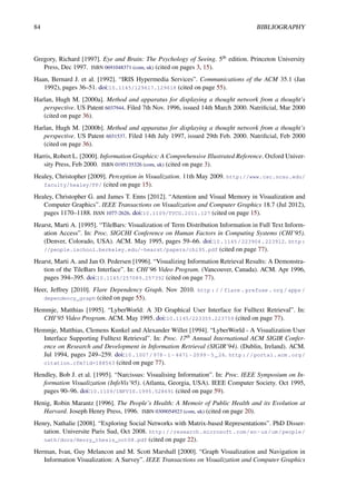 84 BIBLIOGRAPHY
Gregory, Richard [1997]. Eye and Brain: The Psychology of Seeing. 5th edition. Princeton University
Press, Dec 1997. ISBN 0691048371 (com, uk) (cited on pages 3, 15).
Haan, Bernard J. et al. [1992]. “IRIS Hypermedia Services”. Communications of the ACM 35.1 (Jan
1992), pages 36–51. doi:10.1145/129617.129618 (cited on page 55).
Harlan, Hugh M. [2000a]. Method and apparatus for displaying a thought network from a thought’s
perspective. US Patent 6037944. Filed 7th Nov. 1996, issued 14th March 2000. Natrificial, Mar 2000
(cited on page 36).
Harlan, Hugh M. [2000b]. Method and apparatus for displaying a thought network from a thought’s
perspective. US Patent 6031537. Filed 14th July 1997, issued 29th Feb. 2000. Natrificial, Feb 2000
(cited on page 36).
Harris, Robert L. [2000]. Information Graphics: A Comprehensive Illustrated Reference. Oxford Univer-
sity Press, Feb 2000. ISBN 0195135326 (com, uk) (cited on page 3).
Healey, Christopher [2009]. Perception in Visualization. 11th May 2009. http://www.csc.ncsu.edu/
faculty/healey/PP/ (cited on page 15).
Healey, Christopher G. and James T. Enns [2012]. “Attention and Visual Memory in Visualization and
Computer Graphics”. IEEE Transactions on Visualization and Computer Graphics 18.7 (Jul 2012),
pages 1170–1188. ISSN 1077-2626. doi:10.1109/TVCG.2011.127 (cited on page 15).
Hearst, Marti A. [1995]. “TileBars: Visualization of Term Distribution Information in Full Text Inform-
ation Access”. In: Proc. SIGCHI Conference on Human Factors in Computing Systems (CHI’95).
(Denver, Colorado, USA). ACM. May 1995, pages 59–66. doi:10.1145/223904.223912. http:
//people.ischool.berkeley.edu/~hearst/papers/chi95.pdf (cited on page 77).
Hearst, Marti A. and Jan O. Pedersen [1996]. “Visualizing Information Retrieval Results: A Demonstra-
tion of the TileBars Interface”. In: CHI’96 Video Program. (Vancouver, Canada). ACM. Apr 1996,
pages 394–395. doi:10.1145/257089.257392 (cited on page 77).
Heer, Jeffrey [2010]. Flare Dependency Graph. Nov 2010. http : / / flare . prefuse . org / apps /
dependency_graph (cited on page 55).
Hemmje, Matthias [1995]. “LyberWorld: A 3D Graphical User Interface for Fulltext Retrieval”. In:
CHI’95 Video Program. ACM. May 1995. doi:10.1145/223355.223759 (cited on page 77).
Hemmje, Matthias, Clemens Kunkel and Alexander Willet [1994]. “LyberWorld - A Visualization User
Interface Supporting Fulltext Retrieval”. In: Proc. 17th Annual International ACM SIGIR Confer-
ence on Research and Development in Information Retrieval (SIGIR’94). (Dublin, Ireland). ACM.
Jul 1994, pages 249–259. doi:10.1007/978- 1- 4471- 2099- 5_26. http://portal.acm.org/
citation.cfm?id=188563 (cited on page 77).
Hendley, Bob J. et al. [1995]. “Narcissus: Visualising Information”. In: Proc. IEEE Symposium on In-
formation Visualization (InfoVis’95). (Atlanta, Georgia, USA). IEEE Computer Society. Oct 1995,
pages 90–96. doi:10.1109/INFVIS.1995.528691 (cited on page 59).
Henig, Robin Marantz [1996]. The People’s Health: A Memoir of Public Health and its Evolution at
Harvard. Joseph Henry Press, 1996. ISBN 0309054923 (com, uk) (cited on page 20).
Henry, Nathalie [2008]. “Exploring Social Networks with Matrix-based Representations”. PhD Disser-
tation. Universite Paris Sud, Oct 2008. http://research.microsoft.com/en-us/um/people/
nath/docs/Henry_thesis_oct08.pdf (cited on page 22).
Herman, Ivan, Guy Melancon and M. Scott Marshall [2000]. “Graph Visualization and Navigation in
Information Visualization: A Survey”. IEEE Transactions on Visualization and Computer Graphics
 