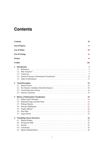 Contents
Contents iii
List of Figures vi
List of Tables vii
List of Listings ix
Preface xi
Credits xiii
1 Introduction 1
1.1 References . . . . . . . . . . . . . . . . . . . . . . . . . . . . . . . . . . . . . . . . . . 2
1.2 Why Visualise? . . . . . . . . . . . . . . . . . . . . . . . . . . . . . . . . . . . . . . . 5
1.3 Visual Lies . . . . . . . . . . . . . . . . . . . . . . . . . . . . . . . . . . . . . . . . . 9
1.4 General Concepts of Information Visualisation . . . . . . . . . . . . . . . . . . . . . . 12
1.5 Types of Information . . . . . . . . . . . . . . . . . . . . . . . . . . . . . . . . . . . . 13
2 Visual Perception 15
2.1 Human Vision . . . . . . . . . . . . . . . . . . . . . . . . . . . . . . . . . . . . . . . . 16
2.2 Pre-Attentive Attributes (Pop-Out Features) . . . . . . . . . . . . . . . . . . . . . . . . 16
2.3 Visual Input takes Priority . . . . . . . . . . . . . . . . . . . . . . . . . . . . . . . . . 18
2.4 Selective Attention . . . . . . . . . . . . . . . . . . . . . . . . . . . . . . . . . . . . . 18
3 History of Information Visualisation 19
3.1 Diderot and d’Alembert . . . . . . . . . . . . . . . . . . . . . . . . . . . . . . . . . . . 19
3.2 Edmund Cooper and John Snow . . . . . . . . . . . . . . . . . . . . . . . . . . . . . . 19
3.3 William Playfair . . . . . . . . . . . . . . . . . . . . . . . . . . . . . . . . . . . . . . . 21
3.4 Florence Nightingale . . . . . . . . . . . . . . . . . . . . . . . . . . . . . . . . . . . . 21
3.5 Charles Minard . . . . . . . . . . . . . . . . . . . . . . . . . . . . . . . . . . . . . . . 22
3.6 Paul Otlet . . . . . . . . . . . . . . . . . . . . . . . . . . . . . . . . . . . . . . . . . . 22
3.7 Jaques Bertin . . . . . . . . . . . . . . . . . . . . . . . . . . . . . . . . . . . . . . . . 22
4 Visualising Linear Structures 25
4.1 Bipolar Display . . . . . . . . . . . . . . . . . . . . . . . . . . . . . . . . . . . . . . . 25
4.2 Perspective Wall . . . . . . . . . . . . . . . . . . . . . . . . . . . . . . . . . . . . . . . 25
4.3 Seesoft . . . . . . . . . . . . . . . . . . . . . . . . . . . . . . . . . . . . . . . . . . . . 25
4.4 Lifestreams . . . . . . . . . . . . . . . . . . . . . . . . . . . . . . . . . . . . . . . . . 26
4.5 Spiral of Ranked Items . . . . . . . . . . . . . . . . . . . . . . . . . . . . . . . . . . . 26
i
 