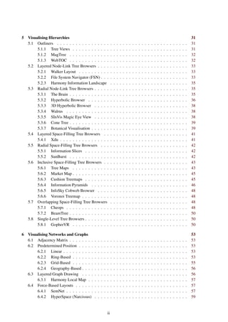 5 Visualising Hierarchies 31
5.1 Outliners . . . . . . . . . . . . . . . . . . . . . . . . . . . . . . . . . . . . . . . . . . 31
5.1.1 Tree Views . . . . . . . . . . . . . . . . . . . . . . . . . . . . . . . . . . . . . 31
5.1.2 MagTree . . . . . . . . . . . . . . . . . . . . . . . . . . . . . . . . . . . . . . 32
5.1.3 WebTOC . . . . . . . . . . . . . . . . . . . . . . . . . . . . . . . . . . . . . . 32
5.2 Layered Node-Link Tree Browsers . . . . . . . . . . . . . . . . . . . . . . . . . . . . . 33
5.2.1 Walker Layout . . . . . . . . . . . . . . . . . . . . . . . . . . . . . . . . . . . 33
5.2.2 File System Navigator (FSN) . . . . . . . . . . . . . . . . . . . . . . . . . . . . 33
5.2.3 Harmony Information Landscape . . . . . . . . . . . . . . . . . . . . . . . . . 35
5.3 Radial Node-Link Tree Browsers . . . . . . . . . . . . . . . . . . . . . . . . . . . . . . 35
5.3.1 The Brain . . . . . . . . . . . . . . . . . . . . . . . . . . . . . . . . . . . . . . 35
5.3.2 Hyperbolic Browser . . . . . . . . . . . . . . . . . . . . . . . . . . . . . . . . 36
5.3.3 3D Hyperbolic Browser . . . . . . . . . . . . . . . . . . . . . . . . . . . . . . 38
5.3.4 Walrus . . . . . . . . . . . . . . . . . . . . . . . . . . . . . . . . . . . . . . . 38
5.3.5 SInVis Magic Eye View . . . . . . . . . . . . . . . . . . . . . . . . . . . . . . 38
5.3.6 Cone Tree . . . . . . . . . . . . . . . . . . . . . . . . . . . . . . . . . . . . . . 39
5.3.7 Botanical Visualisation . . . . . . . . . . . . . . . . . . . . . . . . . . . . . . . 39
5.4 Layered Space-Filling Tree Browsers . . . . . . . . . . . . . . . . . . . . . . . . . . . 41
5.4.1 Xdu . . . . . . . . . . . . . . . . . . . . . . . . . . . . . . . . . . . . . . . . . 41
5.5 Radial Space-Filling Tree Browsers . . . . . . . . . . . . . . . . . . . . . . . . . . . . 42
5.5.1 Information Slices . . . . . . . . . . . . . . . . . . . . . . . . . . . . . . . . . 42
5.5.2 SunBurst . . . . . . . . . . . . . . . . . . . . . . . . . . . . . . . . . . . . . . 42
5.6 Inclusive Space-Filling Tree Browsers . . . . . . . . . . . . . . . . . . . . . . . . . . . 43
5.6.1 Tree Maps . . . . . . . . . . . . . . . . . . . . . . . . . . . . . . . . . . . . . 43
5.6.2 Market Map . . . . . . . . . . . . . . . . . . . . . . . . . . . . . . . . . . . . . 45
5.6.3 Cushion Treemaps . . . . . . . . . . . . . . . . . . . . . . . . . . . . . . . . . 45
5.6.4 Information Pyramids . . . . . . . . . . . . . . . . . . . . . . . . . . . . . . . 46
5.6.5 InfoSky Cobweb Browser . . . . . . . . . . . . . . . . . . . . . . . . . . . . . 48
5.6.6 Voronoi Treemap . . . . . . . . . . . . . . . . . . . . . . . . . . . . . . . . . . 48
5.7 Overlapping Space-Filling Tree Browsers . . . . . . . . . . . . . . . . . . . . . . . . . 48
5.7.1 Cheops . . . . . . . . . . . . . . . . . . . . . . . . . . . . . . . . . . . . . . . 48
5.7.2 BeamTree . . . . . . . . . . . . . . . . . . . . . . . . . . . . . . . . . . . . . . 50
5.8 Single-Level Tree Browsers . . . . . . . . . . . . . . . . . . . . . . . . . . . . . . . . . 50
5.8.1 GopherVR . . . . . . . . . . . . . . . . . . . . . . . . . . . . . . . . . . . . . 50
6 Visualising Networks and Graphs 53
6.1 Adjacency Matrix . . . . . . . . . . . . . . . . . . . . . . . . . . . . . . . . . . . . . . 53
6.2 Predetermined Position . . . . . . . . . . . . . . . . . . . . . . . . . . . . . . . . . . . 53
6.2.1 Linear . . . . . . . . . . . . . . . . . . . . . . . . . . . . . . . . . . . . . . . . 53
6.2.2 Ring-Based . . . . . . . . . . . . . . . . . . . . . . . . . . . . . . . . . . . . . 53
6.2.3 Grid-Based . . . . . . . . . . . . . . . . . . . . . . . . . . . . . . . . . . . . . 55
6.2.4 Geography-Based . . . . . . . . . . . . . . . . . . . . . . . . . . . . . . . . . . 56
6.3 Layered Graph Drawing . . . . . . . . . . . . . . . . . . . . . . . . . . . . . . . . . . 56
6.3.1 Harmony Local Map . . . . . . . . . . . . . . . . . . . . . . . . . . . . . . . . 57
6.4 Force-Based Layouts . . . . . . . . . . . . . . . . . . . . . . . . . . . . . . . . . . . . 57
6.4.1 SemNet . . . . . . . . . . . . . . . . . . . . . . . . . . . . . . . . . . . . . . . 57
6.4.2 HyperSpace (Narcissus) . . . . . . . . . . . . . . . . . . . . . . . . . . . . . . 59
ii
 