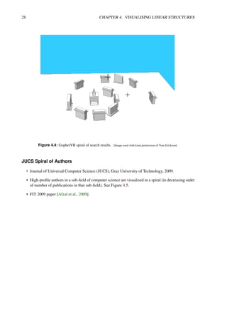 28 CHAPTER 4. VISUALISING LINEAR STRUCTURES
Figure 4.4: GopherVR spiral of search results. [Image used with kind permission of Tom Erickson]
JUCS Spiral of Authors
• Journal of Universal Computer Science (JUCS), Graz University of Technology, 2009.
• High-profile authors in a sub-field of computer science are visualised in a spiral (in decreasing order
of number of publications in that sub-field). See Figure 4.5.
• FIT 2009 paper [Afzal et al., 2009].
 