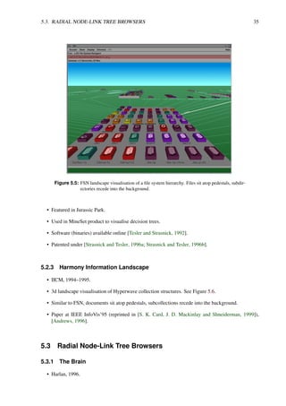 5.3. RADIAL NODE-LINK TREE BROWSERS 35
Figure 5.5: FSN landscape visualisation of a file system hierarchy. Files sit atop pedestals, subdir-
ectories recede into the background.
• Featured in Jurassic Park.
• Used in MineSet product to visualise decision trees.
• Software (binaries) available online [Tesler and Strasnick, 1992].
• Patented under [Strasnick and Tesler, 1996a; Strasnick and Tesler, 1996b].
5.2.3 Harmony Information Landscape
• IICM, 1994–1995.
• 3d landscape visualisation of Hyperwave collection structures. See Figure 5.6.
• Similar to FSN, documents sit atop pedestals, subcollections recede into the background.
• Paper at IEEE InfoVis’95 (reprinted in [S. K. Card, J. D. Mackinlay and Shneiderman, 1999]),
[Andrews, 1996].
5.3 Radial Node-Link Tree Browsers
5.3.1 The Brain
• Harlan, 1996.
 