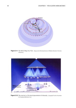 40 CHAPTER 5. VISUALISING HIERARCHIES
Figure 5.11: The SInVis Magic Eye View. [Image used with kind permission of Matthias Kreuseler, University
of Rostock.]
Figure 5.12: The cone tree is a 3d conical representation of a hierarchy. [Copyright © by the Association
for Computing Machinery, Inc.]
 