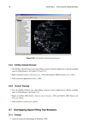 48 CHAPTER 5. VISUALISING HIERARCHIES
Figure 5.22: The InfoSky Cobweb hierarchy browser.
5.6.5 InfoSky Cobweb Browser
• The InfoSky cobweb browser uses space-filling, recursive Voronoi subdivision to allocate available
space to child polygons. See Figures 5.22 and 5.23.
• Paper in journal [Andrews, Kienreich et al., 2002] and at InfoVis 2004 [Granitzer et al., 2004].
• Video and demo application at [Graz, 2006].
5.6.6 Voronoi Treemap
• Like the InfoSky Cobweb, uses space-filling, recursive voronoi subdivision to allocate available
space to child polygons. See Figure 5.24.
• Papers at SoftVis 2005 [Balzer, Deussen and Lewerentz, 2005] and InfoVis 2005 [Balzer and
Deussen, 2005a].
• Video at [Balzer and Deussen, 2005b].
5.7 Overlapping Space-Filling Tree Browsers
5.7.1 Cheops
• Centre du recherche Informatique de Montréal, 1996.
 