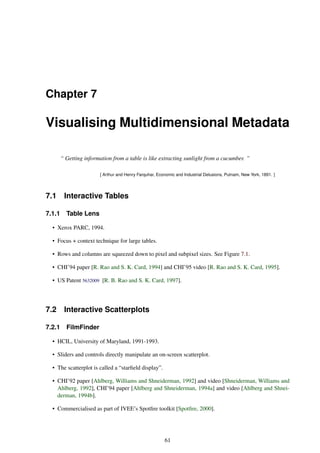Chapter 7
Visualising Multidimensional Metadata
“ Getting information from a table is like extracting sunlight from a cucumber. ”
[ Arthur and Henry Farquhar, Economic and Industrial Delusions, Putnam, New York, 1891. ]
7.1 Interactive Tables
7.1.1 Table Lens
• Xerox PARC, 1994.
• Focus + context technique for large tables.
• Rows and columns are squeezed down to pixel and subpixel sizes. See Figure 7.1.
• CHI’94 paper [R. Rao and S. K. Card, 1994] and CHI’95 video [R. Rao and S. K. Card, 1995].
• US Patent 5632009 [R. B. Rao and S. K. Card, 1997].
7.2 Interactive Scatterplots
7.2.1 FilmFinder
• HCIL, University of Maryland, 1991-1993.
• Sliders and controls directly manipulate an on-screen scatterplot.
• The scatterplot is called a “starfield display”.
• CHI’92 paper [Ahlberg, Williams and Shneiderman, 1992] and video [Shneiderman, Williams and
Ahlberg, 1992], CHI’94 paper [Ahlberg and Shneiderman, 1994a] and video [Ahlberg and Shnei-
derman, 1994b].
• Commercialised as part of IVEE’s Spotfire toolkit [Spotfire, 2000].
61
 