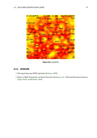 8.4. SELF-ORGANIZING MAPS (SOM) 75
Figure 8.8: WEBSOM.
8.4.2 WEBSOM
• Self-organizing map (SOM) algorithm [Kohonen, 2000].
• Papers in IEEE Transactions on Neural Networks [Kohonen et al., 2000] and Information Sciences
[Lagus, Kaski and Kohonen, 2004]
 