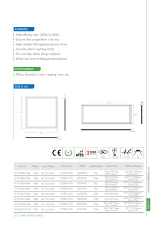 page47www.ivisionlighting.com
FEATURES
SIZE in mm
APPLICATIONS
• High efficacy over 100lm/w, 80Ra
• Decent slim design 9mm thickness
• High reliable TUV approved power driver
• Smooth uniform lighting effect
• Flat and step frame design optional
• White and silver finishing frame optional
• Office, hospital, school, meeting room, etc.
CCT: 3000K/4000K/6500K
9 10
595
10
595
9 10
1195
295
Item No. Power Input Voltage Lumen Flux LEDsP roduct weight Product size Packing CTN size
10W
18W
40W
48W
40W
48W
40W
72W
420*385*390mm
683*226*350mm
690*210*650mmm
690*210*650mmm
690*210*650mmm
690*210*650mmm
1293*226*350mm
1293*95*650mm
-PL3030-10W
-PL3060-18W
-PL6060-40W
-PL6060-48W
-PL6262-40W
-PL6262-48W
-PL30120-40W
-PL60120-72W
1kg
1.5kg
3kg
3kg
3.2kg
3.2kg
3.5kg
5.5kg
1,000LM±5%
1,800LM±5%
4,000LM±5%
4,800LM±5%
4,000LM±5%
4,800LM±5%
4,000LM±5%
7,200LM±5%
2835SMD
2835SMD
2835SMD
2835SMD
2835SMD
2835SMD
2835SMD
2835SMD
295*295*9mm
295*595*9mm
595*595*9mm
595*595*9mm
620*620*9mm
620*620*9mm
295*1195*9mm
595*1195*9mm
(10pcs/CTN)
(5pcs/CTN)
( 5pcs/CTN)
(5pcs/CTN)
(5pcs/CTN)
(5pcs/CTN)
(5pcs/CTN)
(2pcs/CTN)
(300*300mm)
(300*600mm)
(600*600mm)
(600*600mm)
(300*1200mm)
(600*1200mm)
AC100-240V
AC100-240V
AC100-240V
AC100-240V
AC100-240V
AC100-240V
AC100-240V
AC100-240V
 