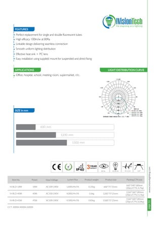 page53www.ivisionlighting.compage53IVisionLighting
FEATURES
SIZE in mm
APPLICATIONS
•
•
•
•
•
•
• Office, hospital, school, meeting room, supermarket, etc.
Item No. Power Input Voltage Lumen Flux Product weight Product size Packing CTN size
18W
40W
45W
AC100-240V
AC100-240V
AC100-240V
660*340*180mm
(20pcs/CTN, 6.7kg)
1260*340*180mm
(20pcs/CTN,11.5kg)
1560*340*180mm
(20pcs/CTN,16.8kg)
CCT: 3000K/4000K/6000K
IV-BLD-18W
IV-BLD-40W
IV-BLD-45W
1,800LM±5%
4,000LM±5%
4,500LM±5%
600*75*25mm
1200*75*25mm
1500*75*25mm
0.35kg
0.6kg
0.85kg
Perfect replacement for single and double fluorescent tubes
High efficacy 100lm/w at 80Ra
Linkable design delivering seamless connection
Smooth uniform lighting distribution
Effective heat sink + PC lens
Easy installation using supplied mount for suspended and direct fixing
600 mm
1200 mm
1500 mm
LIGHT DISTRIBUTION CURVE
0
30
60
90
120
150
-/+180
-150
-120
-90
-60
-30
UNIT:cd
C0/180,112.0deg
UNIT:cd
C30/210,112.0deg
UNIT:cd
C60/240,111.7deg
UNIT:cd
C90/270,111.3deg
AVERAGE BEAM ANGLE(50%):111.7 DEG
0
120
240
360
480
600
40
 