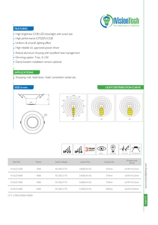 page61www.ivisionlighting.compage61IVisionLighting
FEATURES
SIZE in mm
APPLICATIONS
•
•
•
•
•
•
•
• Shopping mall, retail store, hotel, convention center,etc.
Item No. Power Input Voltage Lumen Flux Cutout size
Product size
(D*H)
24°/38°/60°
35W
40W
50W
60W
AC100-277V
AC100-277V
AC100-277V
AC100-277V
CCT: 2700K/3000K/4000K
IV-DLD-35W
IV-DLD-40W
IV-DLD-50W
IV-DLD-60W
3,000LM±5%
3,400LM±5%
4,400LM±5%
5,400LM±5%
ø138*H121mm
ø190*H113mm
ø190*H113mm
ø230*H140mm
125mm
170mm
170mm
200mm
High brightness COB LED downlight with smart size
High performance CITIZEN COB
Uniform & smooth lighting effect
High reliable UL approved power driver
Robust aluminum housing with excellent heat management
Dimming option: Triac, 0-10V
Damp location installation version optional
5420
H
øD
LIGHT DISTRIBUTION CURVE
24° 38° 60°
 