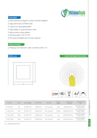 page73www.ivisionlighting.compage73IVisionLighting
FEATURES
SIZE in mm
APPLICATIONS
•
•
•
•
•
•
•
•
SIZE in mm
APPLICATIONS
Shopping mall, retail store, hotel, convention center, etc.
Stylish sleek round design for surface mounted installation
High performance CITIZEN COB
Uniform & smooth lighting effect
High reliable UL approved power driver
Black & white housing optional
Dimming option: Triac, 0-10V
Microwave & daylight sensor function optional
50°
9W
15W
20W
30W
700LM±5%
1050LM±5%
1,600LM±5%
2,400LM±5%
CCT: 3000K/4000K/6000K
Item No. Power Input Voltage Lumen Flux
Product
weight
Product size
(L*W*H)
IV- SDS-9W
IV- SDS-15W
IV- SDS-20W
IV- SDS-30W
AC100-277V
AC100-277V
AC100-277V
AC100-277V
Die-casting Al
Die-casting Al
Die-casting Al
Die-casting Al
Packing CTN
size
Housing
0.5kg
0.68kg
1kg
1.3kg
80x80x103mm
100x100x112mm
120x120x130mm
150x150x144mm
390*390*360mm
(48pcs/CTN)
470*470*420mm
(48pcs/CTN)
420*420*470mm
(27pcs/CTN)
510*510*480mm
(27pcs/CTN)
LIGHT DISTRIBUTION CURVE
L
W
 