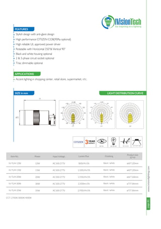page81www.ivisionlighting.compage81IVisionLighting
FEATURES
APPLICATIONS
•
•
•
•
•
•
•
•
APPLICATIONS
Accent lighting in shopping center, retail store, supermarket, etc.
Stylish design with anti-glare design
High performance CITIZEN COB(90Ra optional)
High reliable UL approved power driver
Rotatable with Horizontal 350°& Vertical 90°
Black and white housing optional
2 & 3-phase circuit socket optional
Triac dimmable optional
13°/24°/38°
12W
15W
20W
800LM±5%
1,100LM±5%
1,550LM±5%
CCT: 2700K/3000K/4000K
Item No. Power Input Voltage Lumen Flux
IV-TLM-12W
IV-TLM-15W
IV-TLM-20W
AC100-277V
AC100-277V
AC100-277V
black / white
black / white
black / white
Finishing
ø60*120mm
ø60*120mm
ø66*168mm
30W
35W
2,500lm±5%
2,950LM±5%
IV-TLM-30W
IV-TLM-35W
AC100-277V
AC100-277V
black / white
black / white
ø73*186mm
ø73*186mm
SIZE in mmSIZE in mm
H
øD
LIGHT DISTRIBUTION CURVE
24° 38°15°
500
1000
1500
2000
2500
Product size
(D*H)
 
