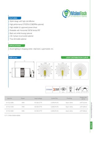 page83www.ivisionlighting.com13°/24°/38° page83IVisionLighting
FEATURES
APPLICATIONS
•
•
•
•
•
•
•
•
APPLICATIONS
30W
35W
40W
2,700LM±5%
3,200LM±5%
3,400LM±5%
Accent lighting in shopping center, retail store, supermarket, etc.
CCT: 2700K/3000K/4000K
Item No. Power Input Voltage Lumen Flux
IV-TLD-30W
IV-TLD-35W
IV-TLD-40W
AC100-277V
AC100-277V
AC100-277V
Finishing
Stylish design with high cost effective
High performance CITIZEN COB(90Ra optional)
High reliable UL approved power driver
Rotatable with Horizontal 350°& Vertical 90°
Black and white housing optional
2 & 3-phase circuit socket optional
Triac dimmable optional
ø70*162mm
ø70*188mm
ø70*188mm
black / white
black / white
black / white
SIZE in mmSIZE in mm
H
øD
LIGHT DISTRIBUTION CURVE
24° 38°15°
500
1000
1500
2000
2500
Product size
(D*H)
 