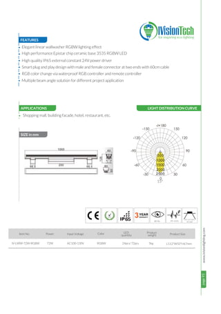 page93www.ivisionlighting.com
3
page93IVisionLighting
FEATURES
SIZE in mm
APPLICATIONS
•
•
•
•
•
•
72W AC100-130V
Shopping mall, building facade, hotel, restaurant, etc.
Item No. Power Input Voltage Color Product
weight
65
Product Size
Elegant linear wallwasher RGBW lighting effect
High performance Epistar chip ceramic base 3535 RGBW LED
High quality IP65 external constant 24V power driver
Smart plug and play design with male and female connector at two ends with 60cm cable
RGB color change via waterproof RGB controller and remote controller
• Multiple beam angle solution for different project application
IV-LWW-72W-RGBW RGBW 5kg L512*W50*H67mm
LED
quantity
24pcs/ 72pcs
LIGHT DISTRIBUTION CURVE
8
10°/15°/30°/
45°/60°
15°
500
1000
1500
2000
2500
 