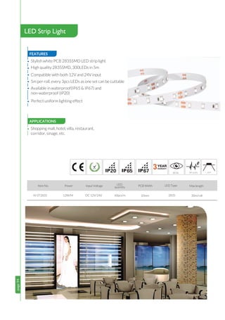 page94page94
LED Strip Light
FEATURES
APPLICATIONS
•
•
•
•
•
•
12W/MIV-ST2835 DC 12V/24V
Shopping mall, hotel, villa, restaurant,
corridor, sinage, etc.
Item No. Power Input Voltage LED Type: Max length
Stylish white PCB 2835SMD LED strip light
High quality 2835SMD, 300LEDs in 5m
Compatible with both 12V and 24V input
5m per roll, every 3pcs LEDs as one set can be cuttable
Available in waterproof(IP65 & IP67) and
non-waterproof (IP20)
• Perfect uniform lighting effect
2835
PCB Width
10mm 30m/roll
LED
quantity
60pcs/m
120°
3
8676520
 
