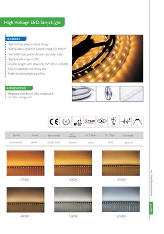 page95www.ivisionlighting.compage95IVisionLighting
720LM/M
3
High Voltage LED Strip Light
FEATURES
APPLICATIONS
•
•
•
•
•
•
6W/MIV-STHV2835 AC200-240V
Shopping mall, hotel, villa, restaurant,
corridor, sinage, etc.
Item No. Power Input Voltage LED Type:
67
Max length
High voltage plug and play design
High quality Osram or Epistar chip LED, 6W/M
IP67 with food grade silicone extrusion tube
High reliable imported IC
Flexible length with 30w/roll, each 0.5m cuttable
• Easy installation with ﬁxing clip
• Perfect uniform lighting effect
2700K 3000K 3500K
4000K 5000K 6500K
2835
PCB Width
10mm 30m/roll
LED
quantity
54pcs/m
8 120°
 