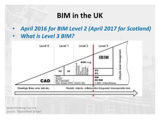 • April 2016 for BIM Level 2 (April 2017 for Scotland)
• What is Level 3 BIM?
BIM in the UK
www.bimtaskgroup.org
Search: ‘Digital Built Britain’
 