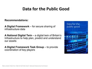 Data for the Public Good
Recommendations:
A Digital Framework – for secure sharing of
infrastructure data
A National Digital Twin – a digital twin of Britain’s
Infrastructure to help plan, predict and understand
our assets
A Digital Framework Task Group – to provide
coordination of key players
Slide contents Taken from ‘Data for the Public Good’, National Infrastructure Commission
 