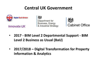 Central UK Government
• 2017 - BIM Level 2 Departmental Support - BIM
Level 2 Business as Usual (BaU)
• 2017/2018 – Digital Transformation for Property
Information & Analytics
 